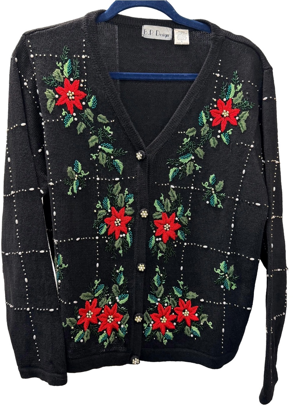 Vintage B.P. Design Beaded Poinsettia Christmas Sweater Cardigan - Size L